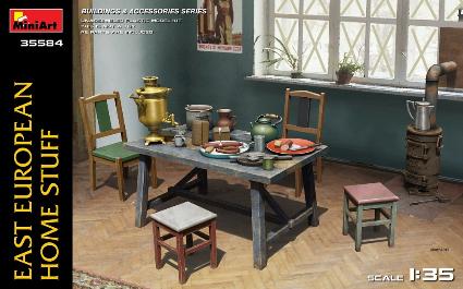 MA35584 ﾐﾆｱｰﾄ 1/35 東欧の家財道具(ﾃｰﾌﾞﾙ･ｲｽ･食器･ｽﾄｰﾌﾞ)