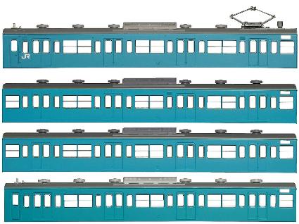 18010 国鉄(JR)103系<低運･非ﾕﾆｯﾄ窓･冷改車･ｽｶｲﾌﾞﾙｰ>  基本4両編成ﾎﾞﾃﾞｨｷｯﾄB